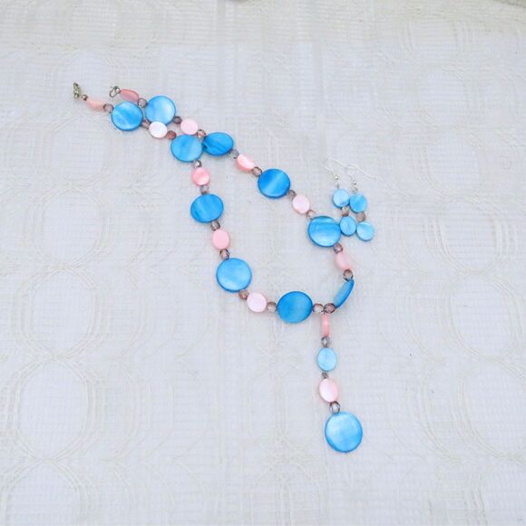 Handmade Blue and Pink Shell Jewelry Set, Y Necklace and Earrings Set For Women - Picture 2 of 10